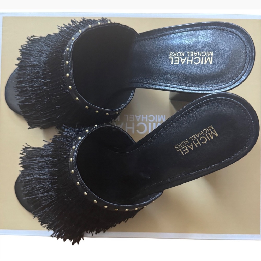 Michael Kors Gallagher Fringe Dress Mules Shoes Chunky Block Heel Black Size 7M